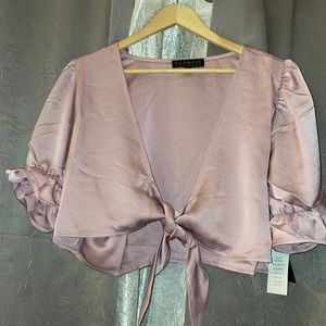 Dusty Pink Tie Front Satin Cropped Blouse; Size: 14